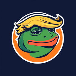 A logo design featuring the meme character Pepe the Frog, uniquely styled with Donald Trump's distinctive hairstyle
