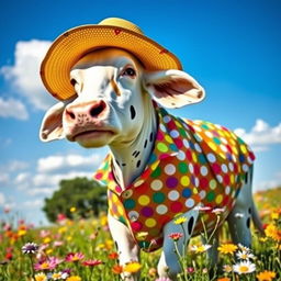 A whimsical cow wearing a colorful, patterned outfit
