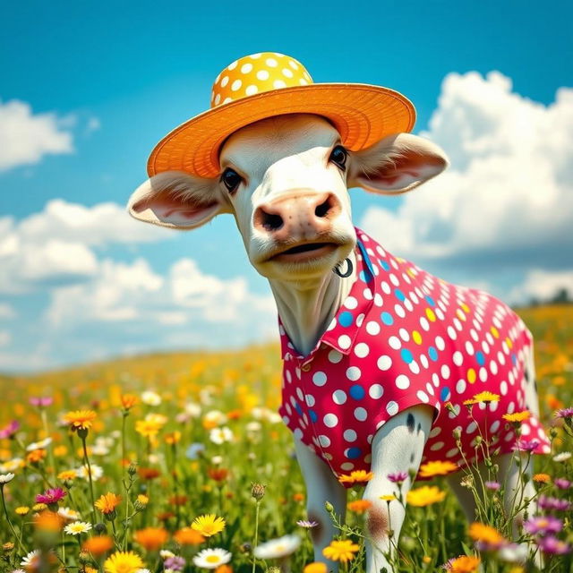 A whimsical cow wearing a colorful, patterned outfit