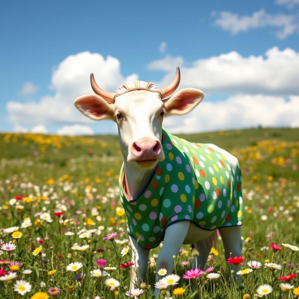 A whimsical cow wearing a colorful, patterned outfit