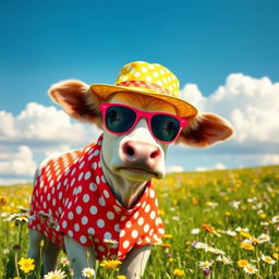 A whimsical cow wearing a colorful, patterned outfit
