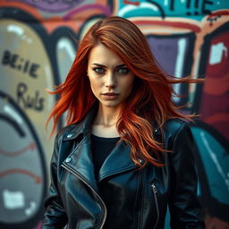 A stunning and highly detailed portrait of a confident, attractive woman with flowing red hair, wearing a sleek black leather jacket