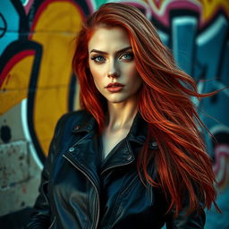 A stunning and highly detailed portrait of a confident, attractive woman with flowing red hair, wearing a sleek black leather jacket