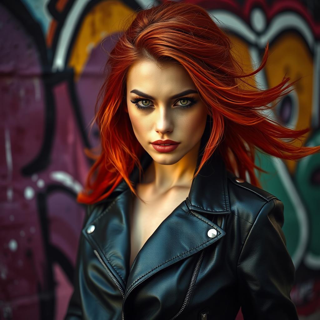 A stunning and highly detailed portrait of a confident, attractive woman with flowing red hair, wearing a sleek black leather jacket