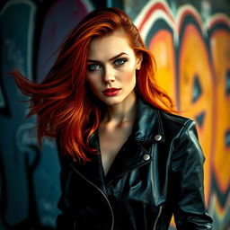 A stunning and highly detailed portrait of a confident, attractive woman with flowing red hair, wearing a sleek black leather jacket