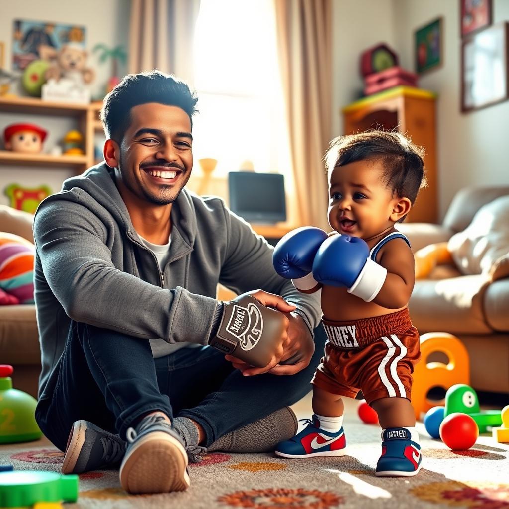 A humorous and lighthearted scene where the professional boxer Ryan Garcia is playfully babysitting a toddler version of fellow boxer Devin Haney