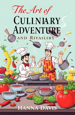 A dynamic cover illustration for a short story titled 'The Art of Culinary Adventure and Rivalry' by Hanna Davis