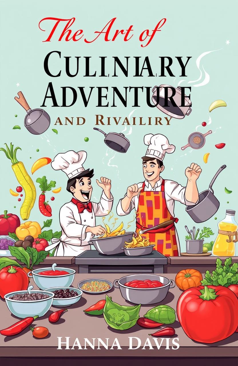 A dynamic cover illustration for a short story titled 'The Art of Culinary Adventure and Rivalry' by Hanna Davis