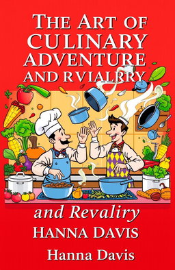 A dynamic cover illustration for a short story titled 'The Art of Culinary Adventure and Rivalry' by Hanna Davis