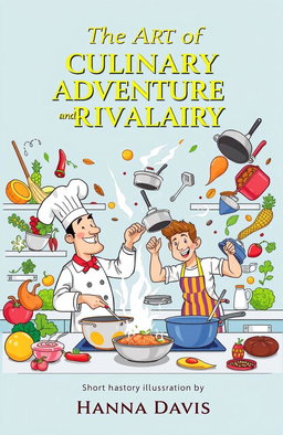 A dynamic cover illustration for a short story titled 'The Art of Culinary Adventure and Rivalry' by Hanna Davis