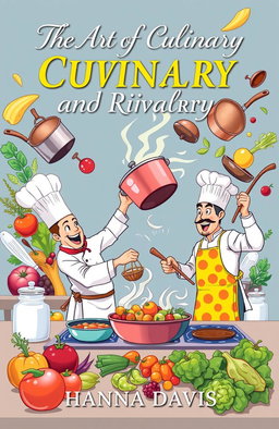 A dynamic cover illustration for a short story titled 'The Art of Culinary Adventure and Rivalry' by Hanna Davis