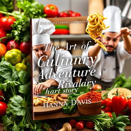A visually captivating book cover design for a short story titled 'The Art of Culinary Adventure and Rivalry' by Hanna Davis