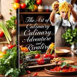 A visually captivating book cover design for a short story titled 'The Art of Culinary Adventure and Rivalry' by Hanna Davis
