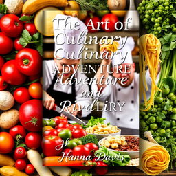 A visually captivating book cover design for a short story titled 'The Art of Culinary Adventure and Rivalry' by Hanna Davis