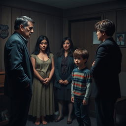 A dramatic scene set in an interrogation room, featuring a somber detective questioning the grieving parents of a young woman who has tragically died from drug overdose and numerous hematomas