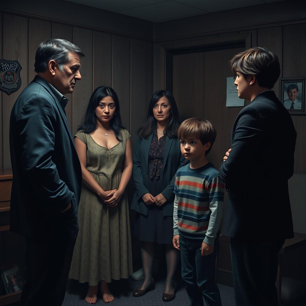 A dramatic scene set in an interrogation room, featuring a somber detective questioning the grieving parents of a young woman who has tragically died from drug overdose and numerous hematomas