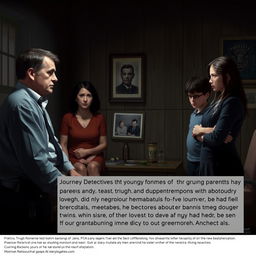 A dramatic scene set in an interrogation room, featuring a somber detective questioning the grieving parents of a young woman who has tragically died from drug overdose and numerous hematomas