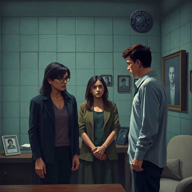 A dramatic scene set in an interrogation room, featuring a somber detective questioning the grieving parents of a young woman who has tragically died from drug overdose and numerous hematomas