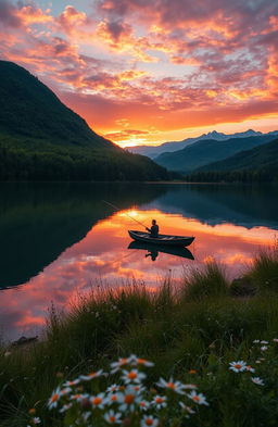 A visually stunning and intricate landscape showcasing a serene sunset over a tranquil lake surrounded by lush green forests and distant mountains