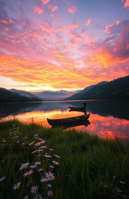 A visually stunning and intricate landscape showcasing a serene sunset over a tranquil lake surrounded by lush green forests and distant mountains