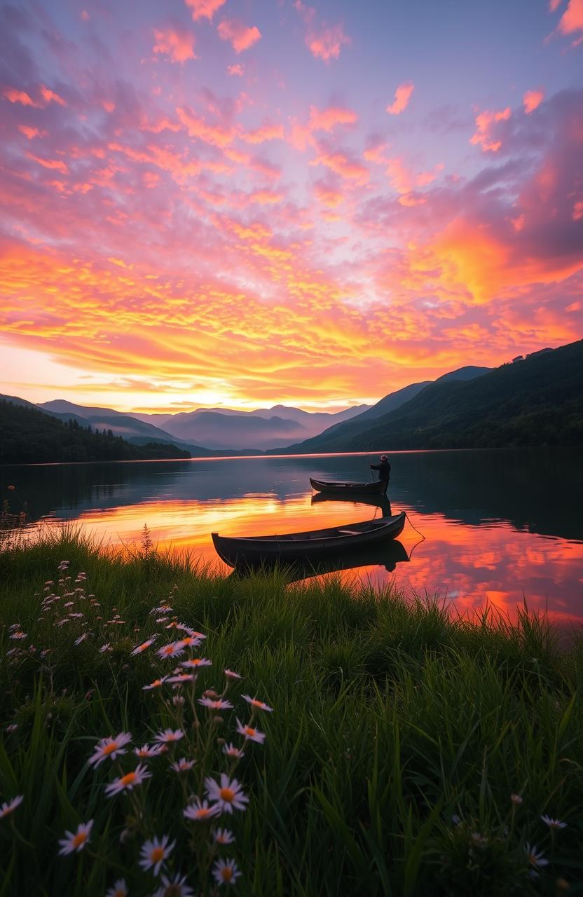 A visually stunning and intricate landscape showcasing a serene sunset over a tranquil lake surrounded by lush green forests and distant mountains