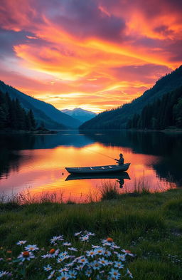 A visually stunning and intricate landscape showcasing a serene sunset over a tranquil lake surrounded by lush green forests and distant mountains