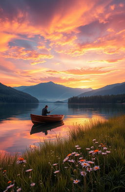 A visually stunning and intricate landscape showcasing a serene sunset over a tranquil lake surrounded by lush green forests and distant mountains