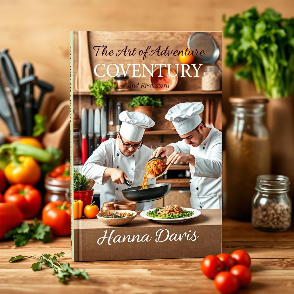 A visually appealing book cover design for the short story 'The Art of Culinary Adventure and Rivalry' by Hanna Davis