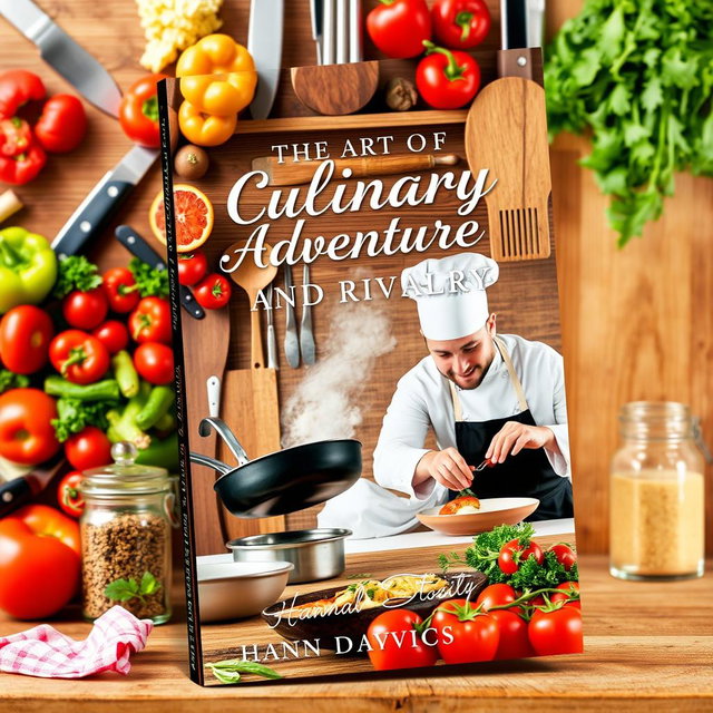 A visually appealing book cover design for the short story 'The Art of Culinary Adventure and Rivalry' by Hanna Davis