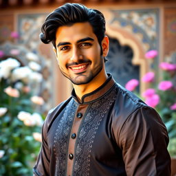 An attractive Iranian man with chiseled features, wearing a stylish traditional Persian outfit, standing confidently with a charming smile