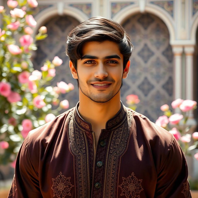 An attractive Iranian man with chiseled features, wearing a stylish traditional Persian outfit, standing confidently with a charming smile