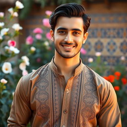 An attractive Iranian man with chiseled features, wearing a stylish traditional Persian outfit, standing confidently with a charming smile