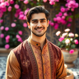 An attractive Iranian man with chiseled features, wearing a stylish traditional Persian outfit, standing confidently with a charming smile