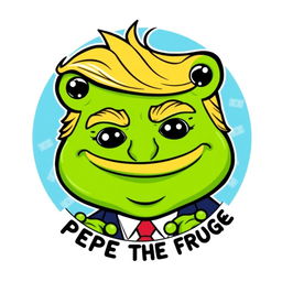 A colorful and whimsical logo design featuring Donald Trump depicted as Pepe the Frog