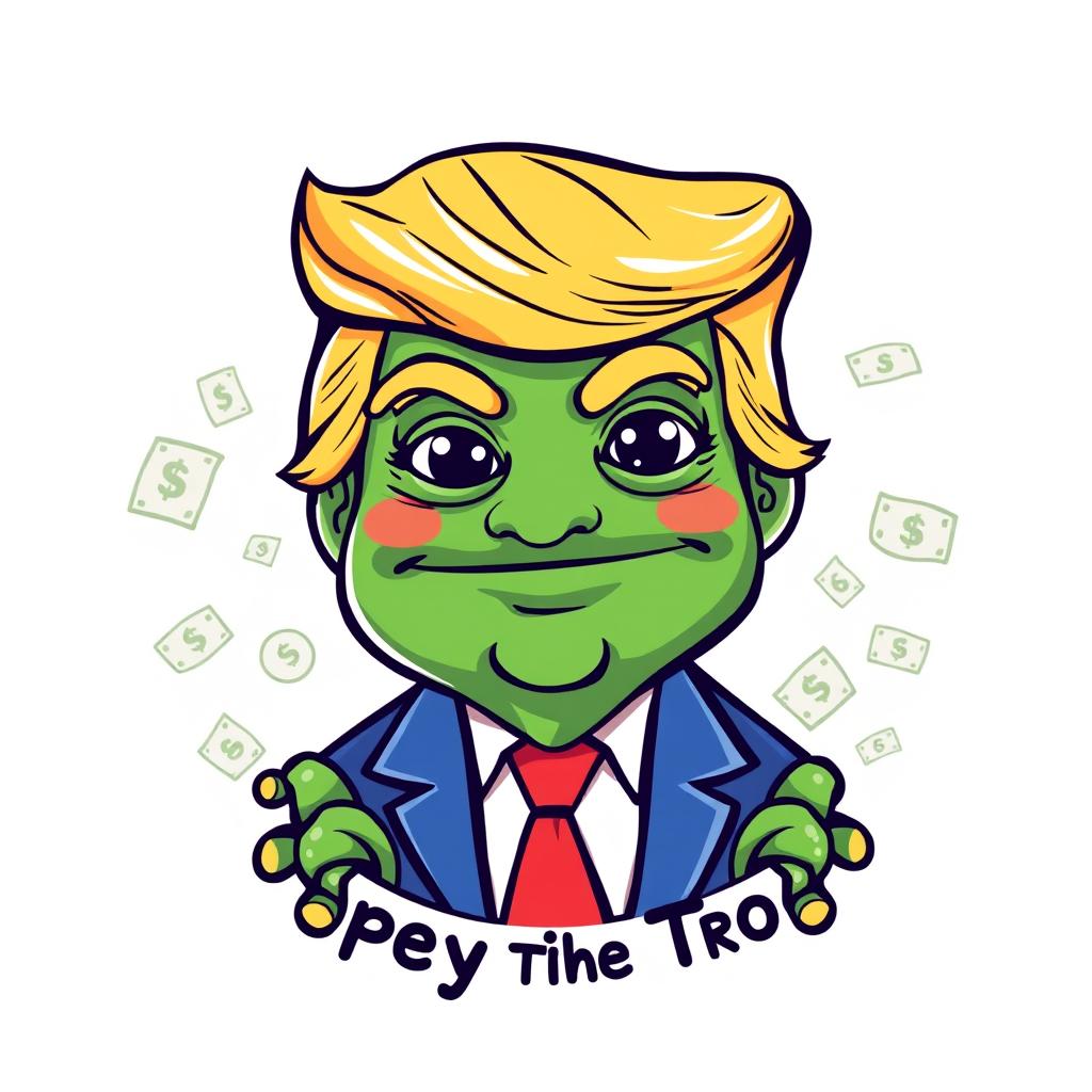 A colorful and whimsical logo design featuring Donald Trump depicted as Pepe the Frog