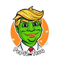 A colorful and whimsical logo design featuring Donald Trump depicted as Pepe the Frog