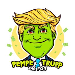A colorful and whimsical logo design featuring Donald Trump depicted as Pepe the Frog
