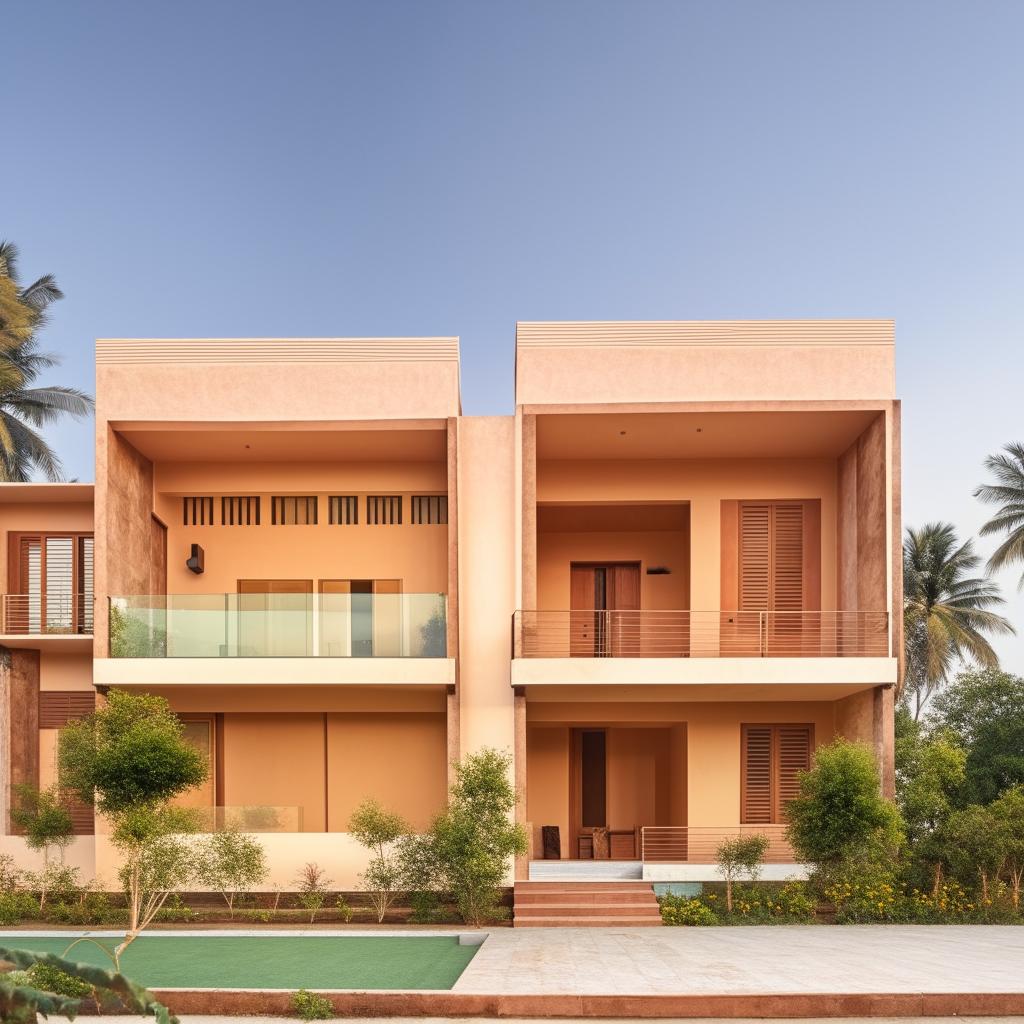 An Indian style, double-story home with a penthouse. The front view reveals steps on the right side and the penthouse positioned on the right from a front perspective
