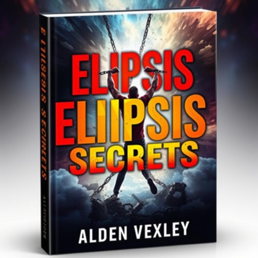 A realistic and vibrant book cover for 'Elipsis Secrets' by Alden Vexley, featuring a powerful scene of a person breaking free from chains at the center, symbolizing transformation and change