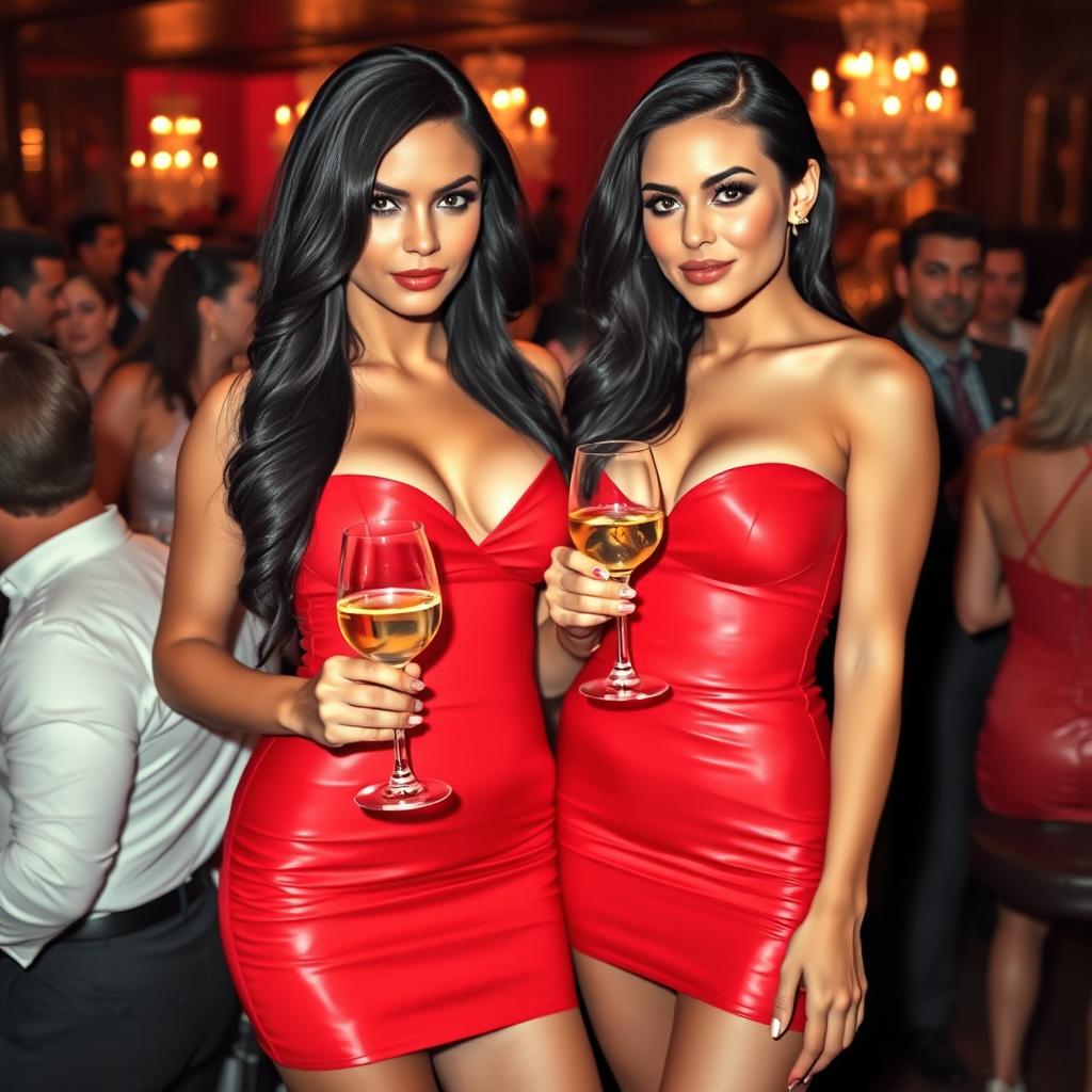 Two gorgeous and sexy Caucasian women with dark thick hair standing together in an upscale, busy bar