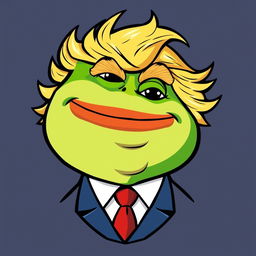 A cartoon meme featuring Pepe the Frog with a Donald Trump hairstyle, styled as a unique logo design