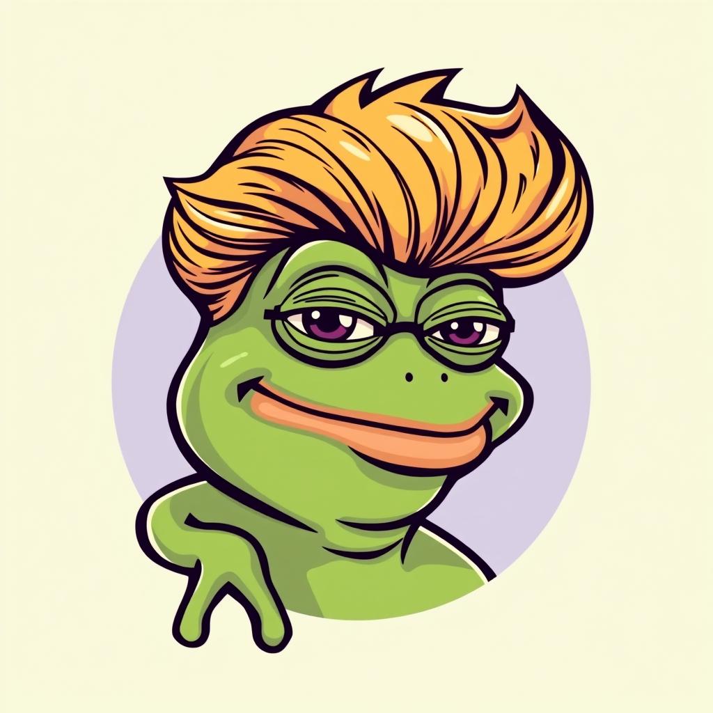 A cartoon meme featuring Pepe the Frog with a Donald Trump hairstyle, styled as a unique logo design