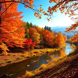 A serene autumn landscape showcasing a vibrant forest with trees displaying their fall colors - brilliant oranges, yellows, and reds - set against a clear blue sky