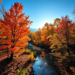 A serene autumn landscape showcasing a vibrant forest with trees displaying their fall colors - brilliant oranges, yellows, and reds - set against a clear blue sky