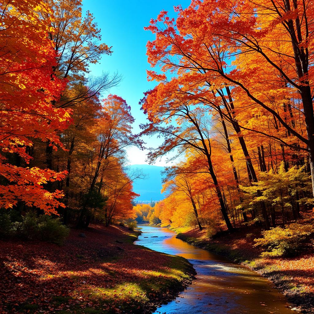 A serene autumn landscape showcasing a vibrant forest with trees displaying their fall colors - brilliant oranges, yellows, and reds - set against a clear blue sky