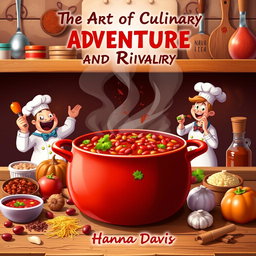 A striking book cover design for the short story 'The Art of Culinary Adventure and Rivalry' by Hanna Davis, focusing on the theme of cooking chili