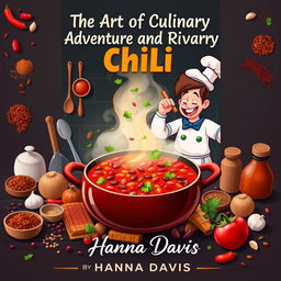 A striking book cover design for the short story 'The Art of Culinary Adventure and Rivalry' by Hanna Davis, focusing on the theme of cooking chili