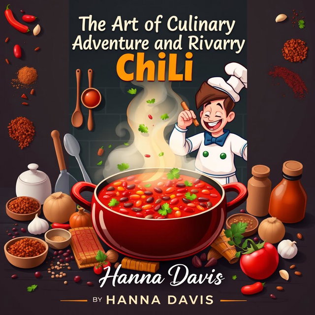 A striking book cover design for the short story 'The Art of Culinary Adventure and Rivalry' by Hanna Davis, focusing on the theme of cooking chili