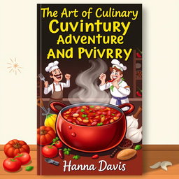 A striking book cover design for the short story 'The Art of Culinary Adventure and Rivalry' by Hanna Davis, focusing on the theme of cooking chili