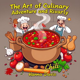 A striking book cover design for the short story 'The Art of Culinary Adventure and Rivalry' by Hanna Davis, focusing on the theme of cooking chili